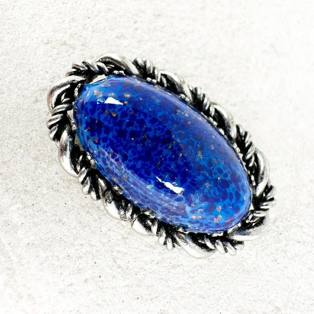 Vintage Western Germany Goldstone Blue Brooch Oval Cabochon‎ Rope Twist